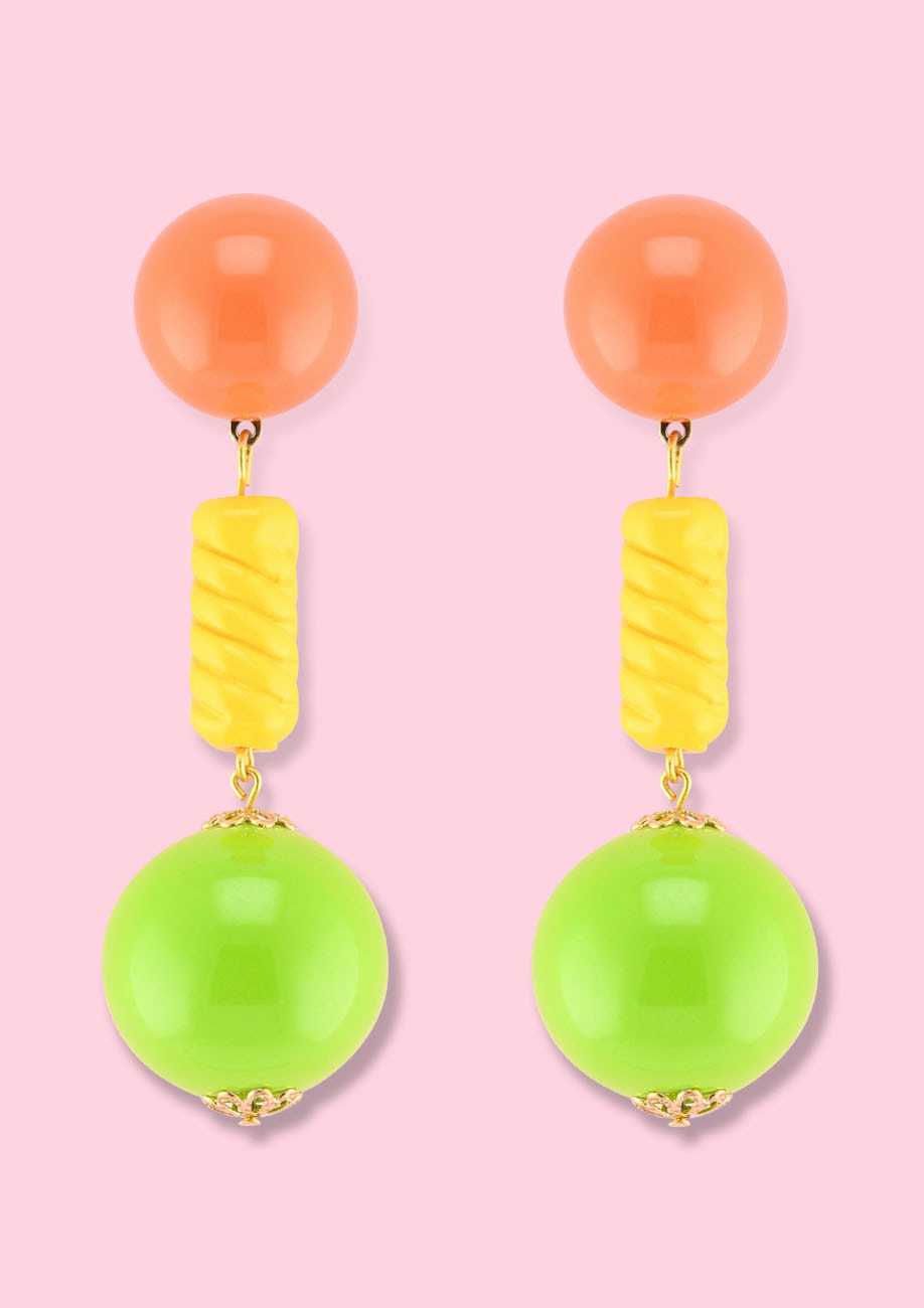 Colorful statement drop earrings with clip-on closing