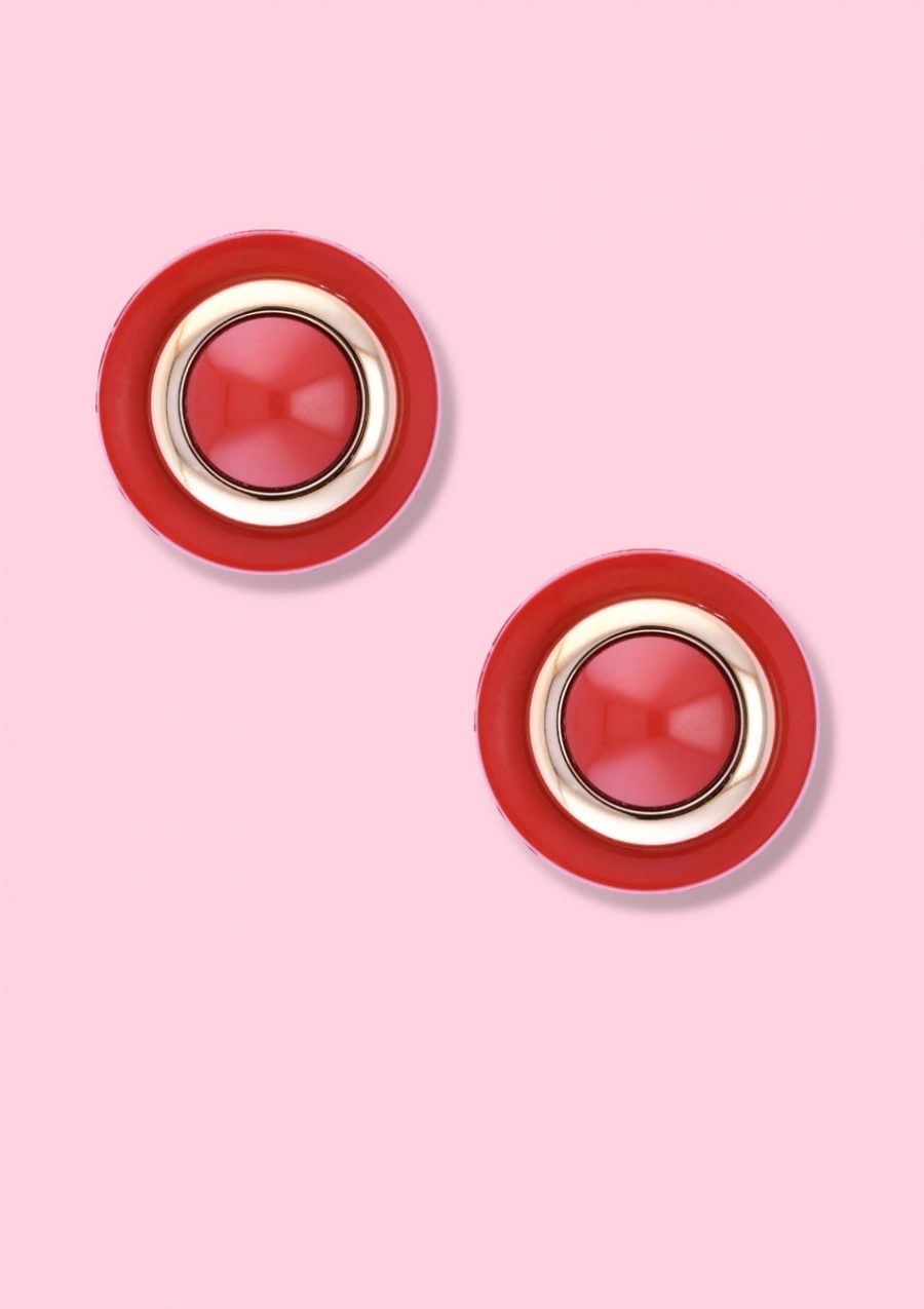 Red classic style vintage stud earrings with clip-on closing, by live-to-express. Shop vintage earrings online.