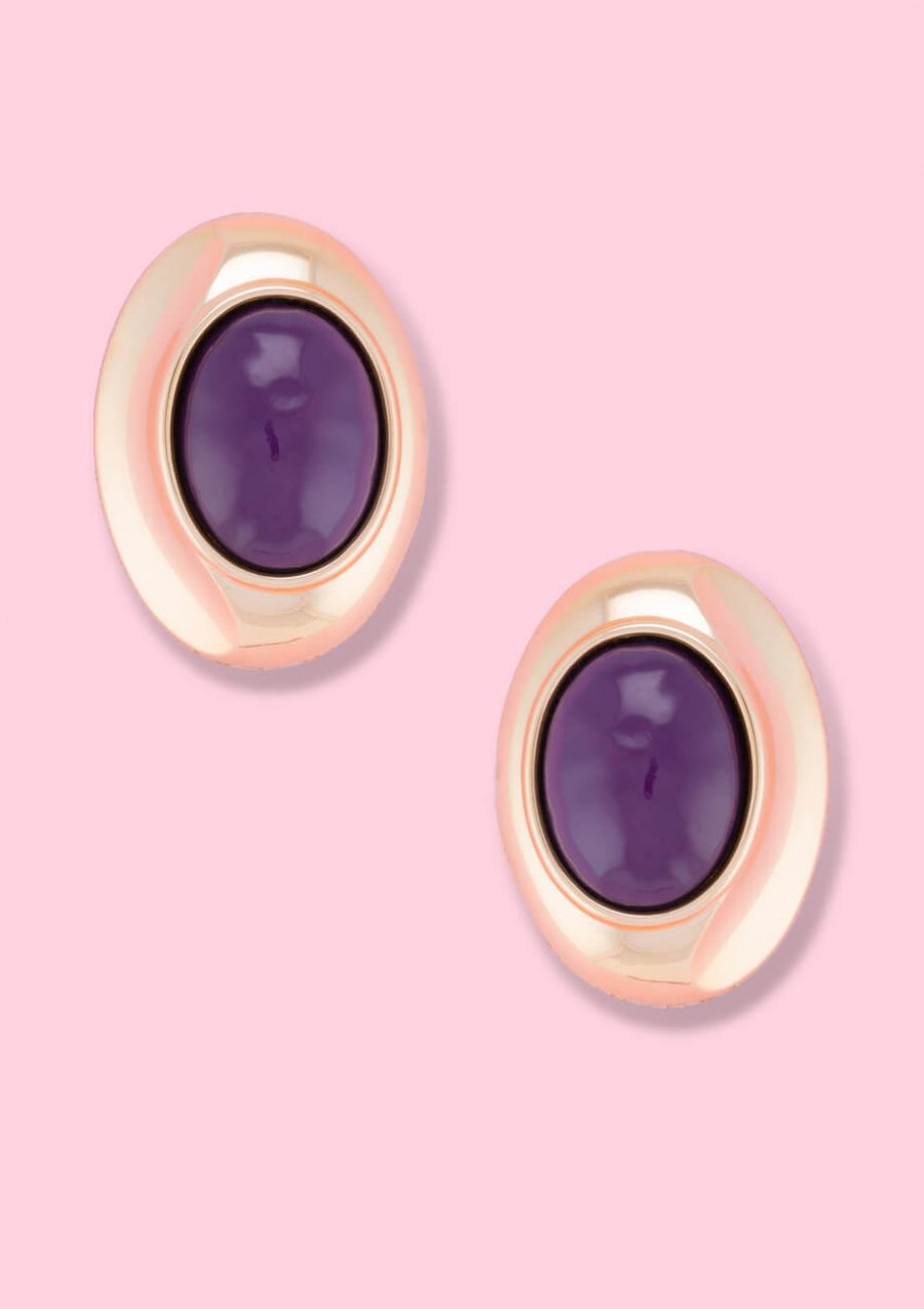 Vintage clip on stud earrings, with gold and purple accents.