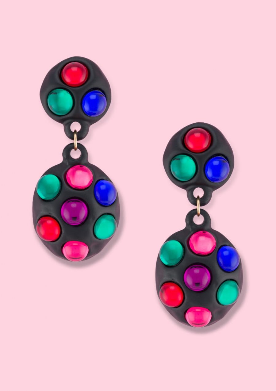 Colourful abstract vintage drop earrings by live-to-express. Shop 80’s vintage earrings online.