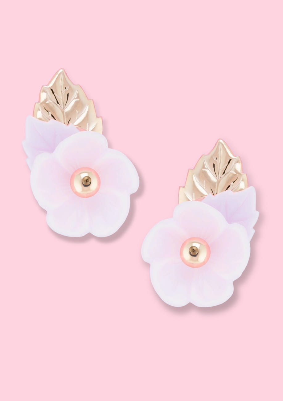Unique pink flower stud earrings with clip-on closing, by live-to-express. Online vintage earrings shop