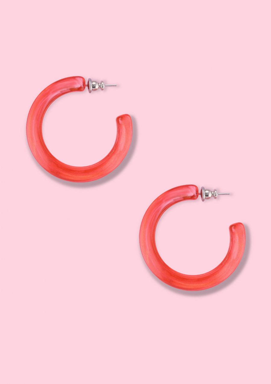 Red vintage statement hoop earrings, by live-to-express. Online earrings shop.