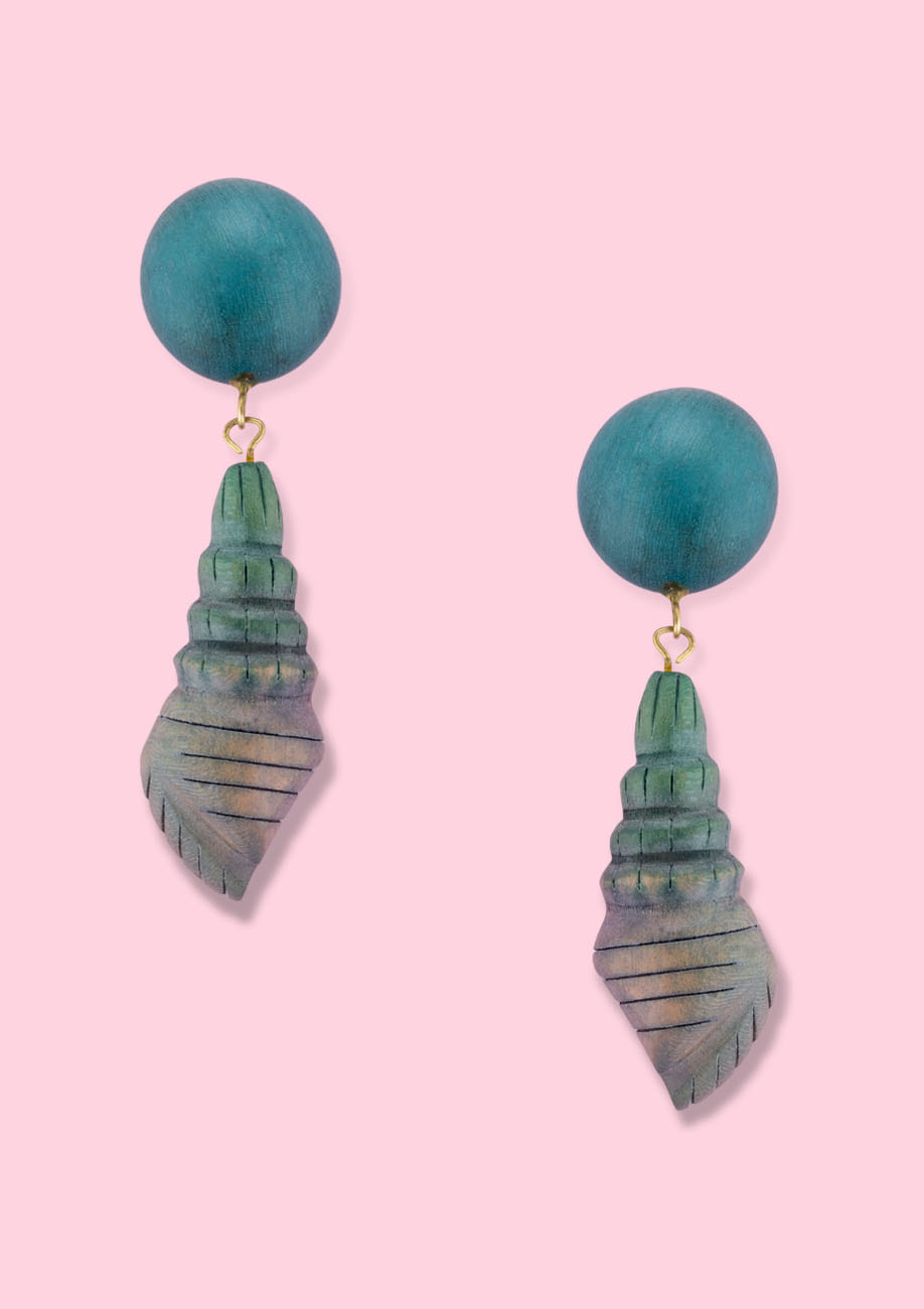 Blue wooden shell drop earrings by live-to-express