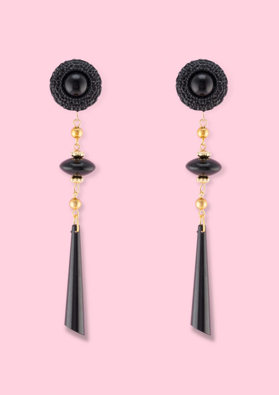 Black with gold classic vintage drop earrings by live-to-express. Shop 90’s vintage earrings online.