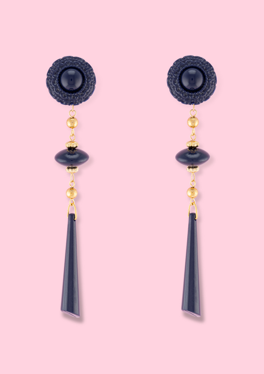 Blue with gold classic vintage drop earrings by live-to-express. Shop 90’s vintage earrings online.