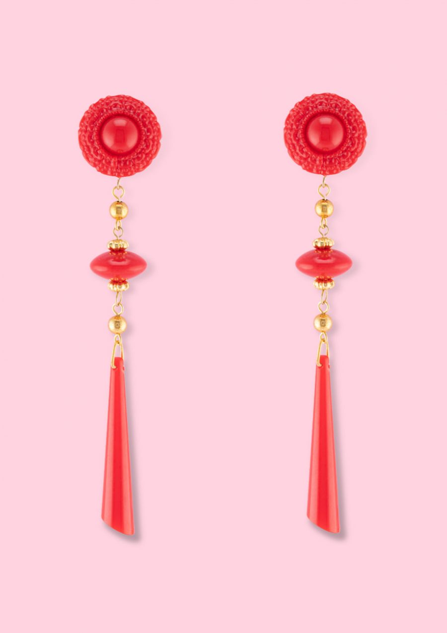 Red with gold classic vintage drop earrings by live-to-express. Shop 90’s vintage earrings online.
