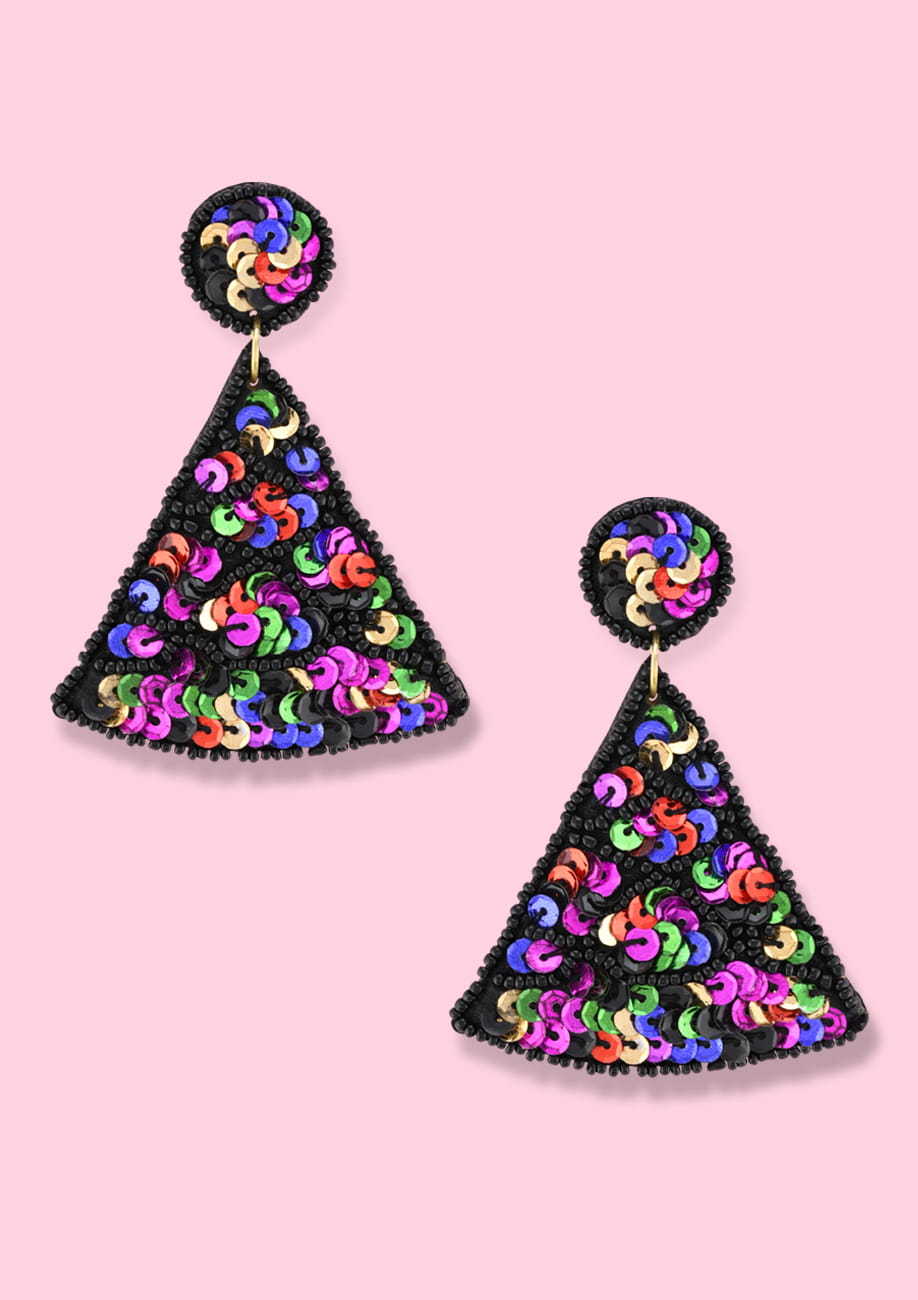 Colourful sequins statement drop earrings with a push-back closing
