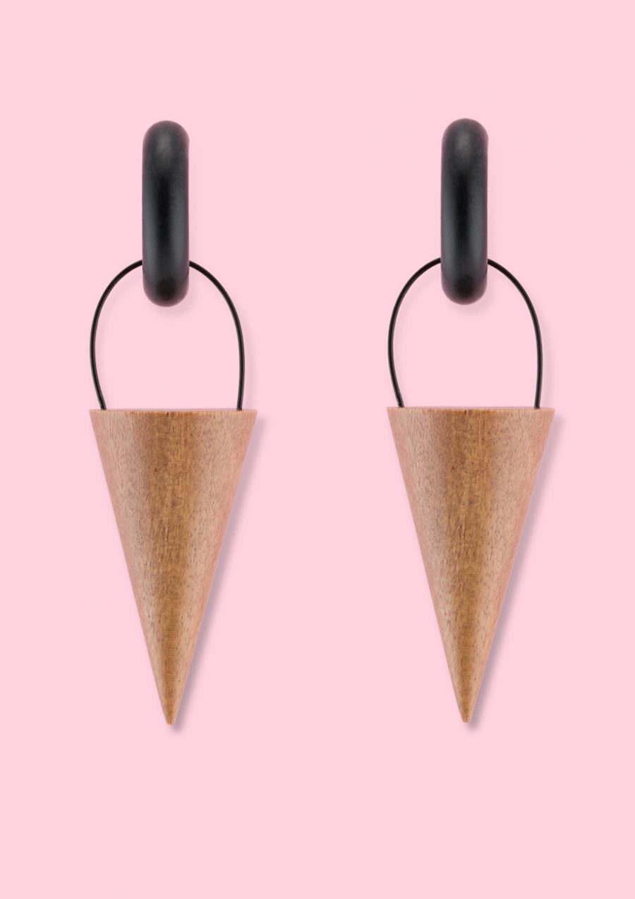 Wooden design drop earrings by live to express. Sustainable earrings made of wood.