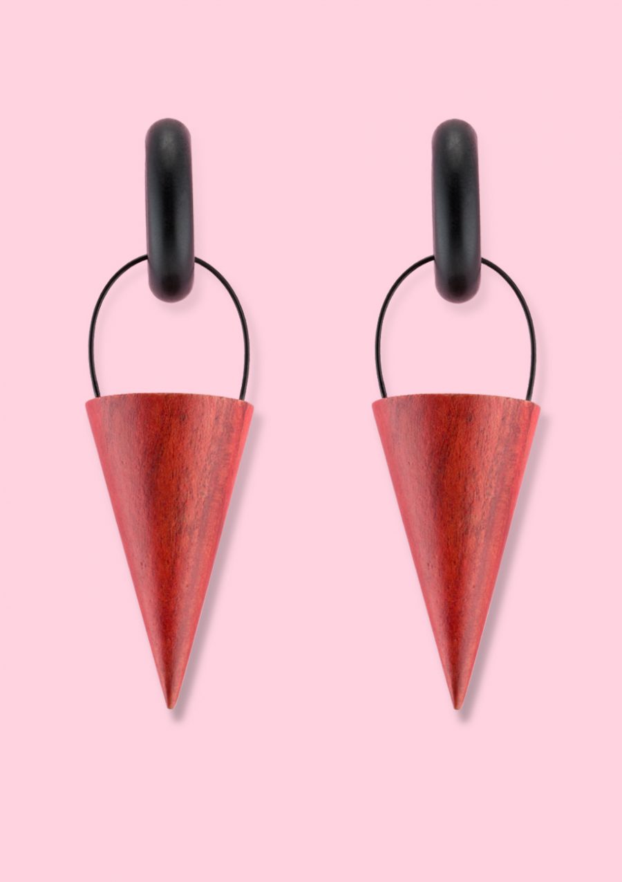 Red wooden design drop earrings by live to express. Sustainable earrings made of wood.