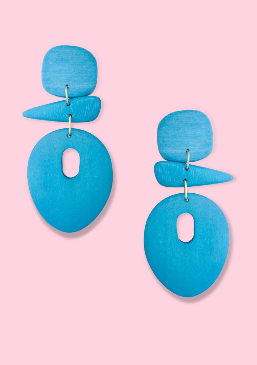 Blue wooden drop earrings by live-to-express. Shop 70's vintage colourful earrings online.