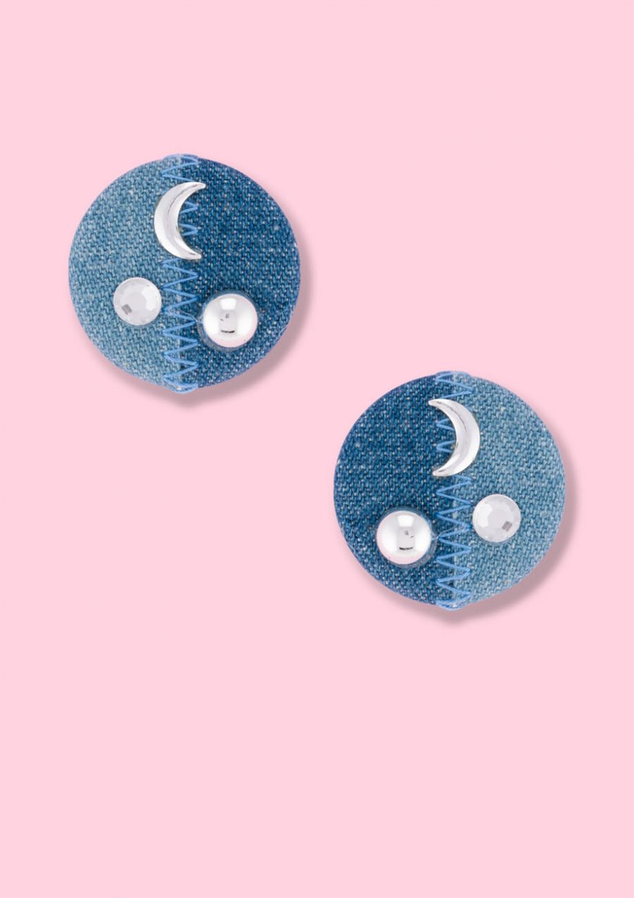 Vintage retro denim earrings with clip-on closing, by live-to-express. Shop sustainable earrings at live-to-express