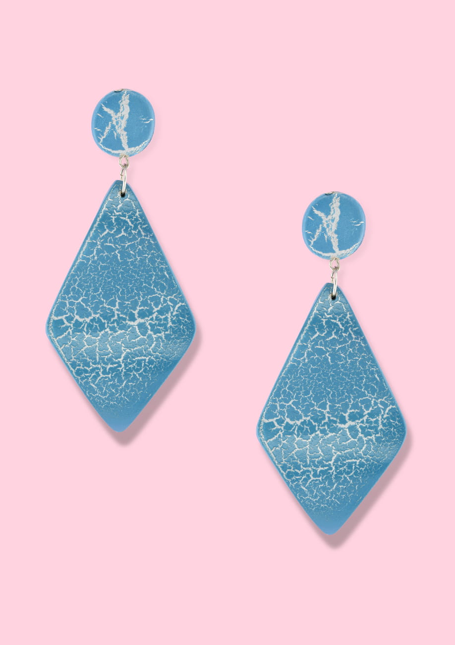Blue diamond shaped, wooden dangle earrings by live-to-express