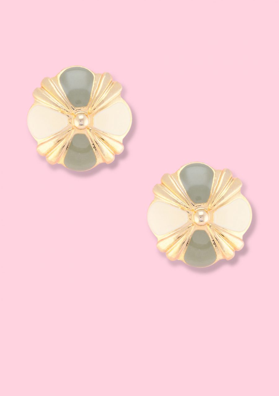 Golden enamel clip-on stud earrings, by live-to-express. Shop sustainable vintage earrings online at live-to-express.